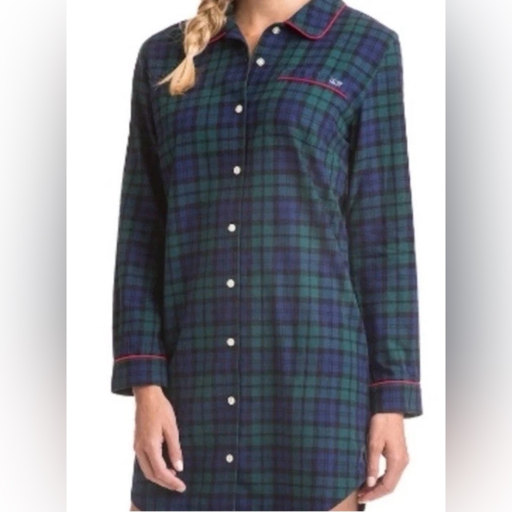 Vineyard Vines Womens Nightgown Flannel Button Shirt Blue Green Plaid‎ Size XS